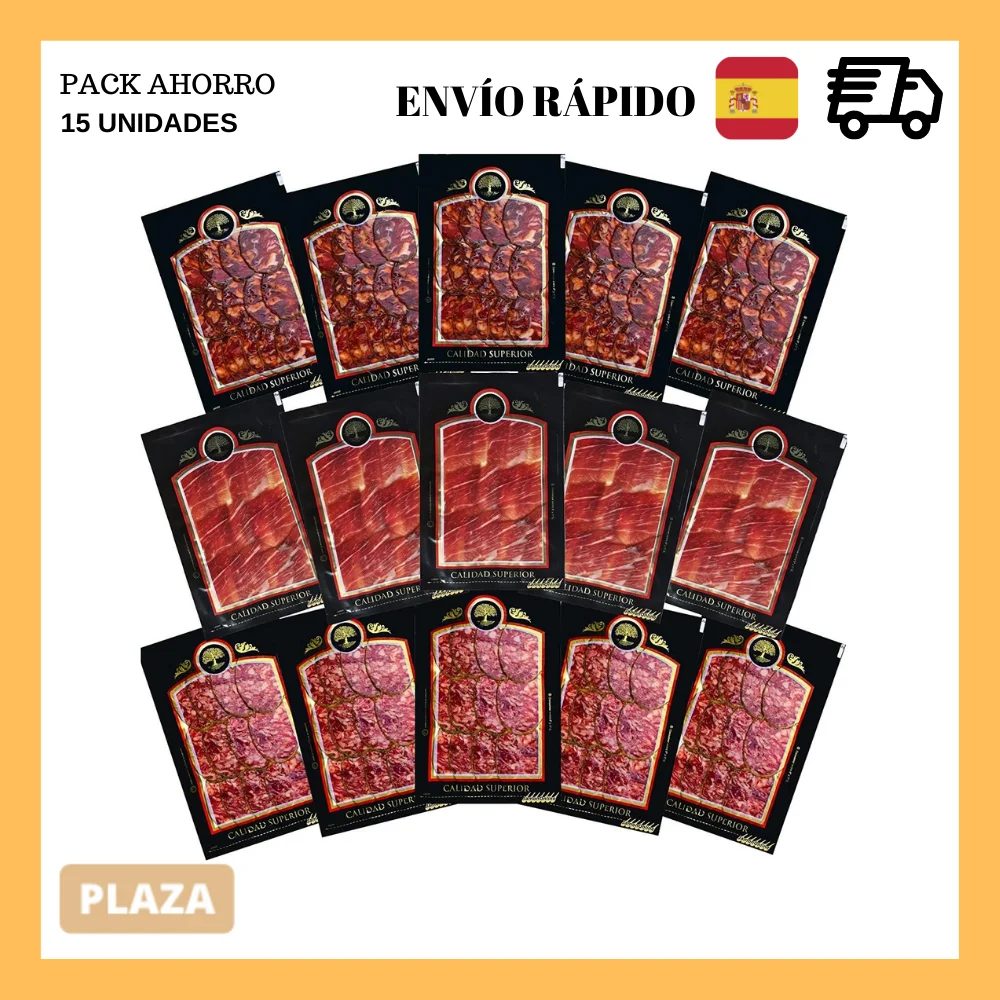 Lote Jamón Ibérico 5 paquetes de 100gr, Chorizo Ibérico Bellota 5 paquetes de 100gr y Salchichón Ibérico de Bellota 5 paquetes