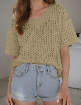 Fashion Tops Unique Design V-Neck Knitted Commuter Short-Sleeved T-Shirt Casual All-Match tops, Women's Clothing 5