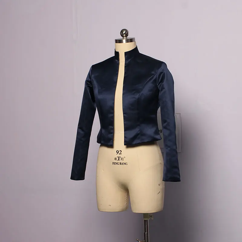 Mingli Tengda Custom Made Bridal Satin Jacket Wrap Wedding Fashion Collar Shrug Long Sleeves Bolero Jacket Women Navy Caps Cape