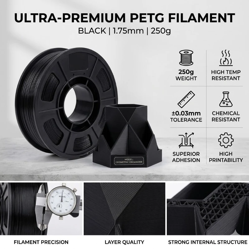 PETG 블랙, 그레이, 투명, 스킨 컬러, 화이트, 핑크, 3D 프린터 필라멘트 1.75mm 250g, 고강도, 뛰어난 레이어 접착력