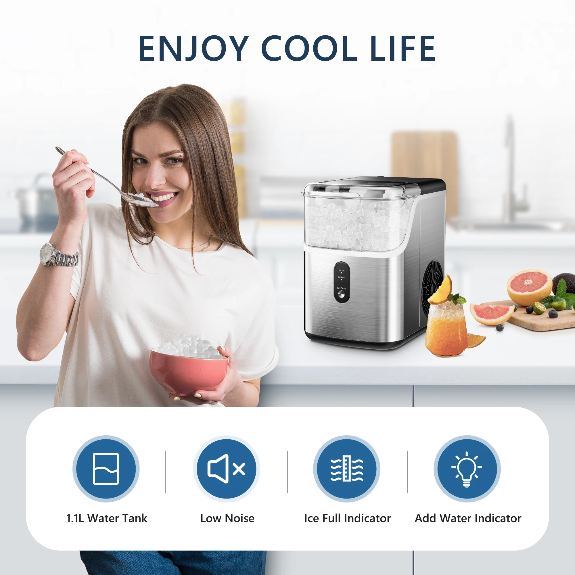 SIMZLIFE Nugget Ice Maker Countertop,34lbs Per Day,Portable Ice Maker Machine with with Basket and Scoop, Self-Cleaning ,Silver 5
