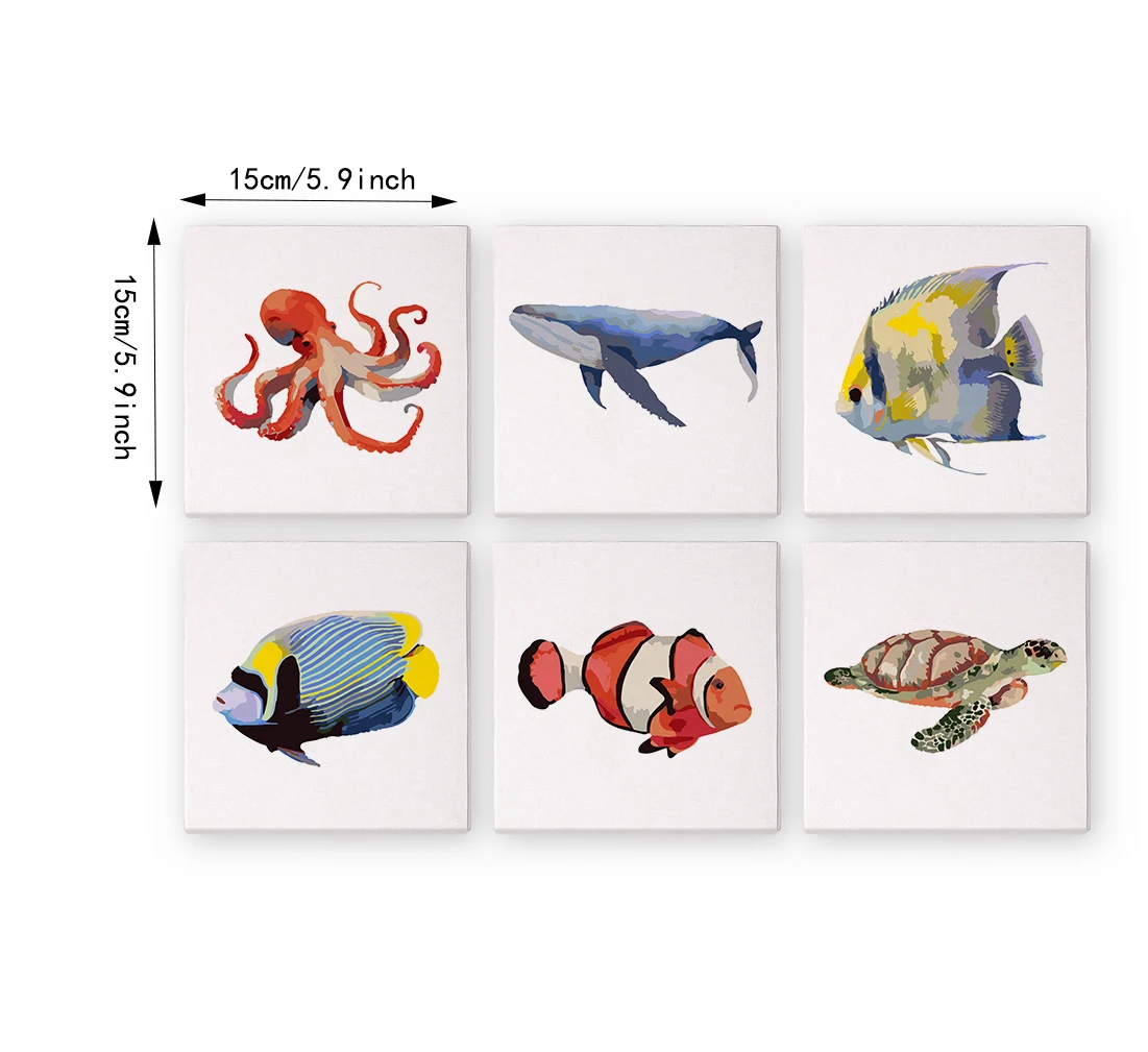 Description Picture 4 of item6pcs Marine Life Mini paint by numbers Set, Home Decoration Hanging Painting Gift, Handmade, 15x15cm/5.9x5.9inch
