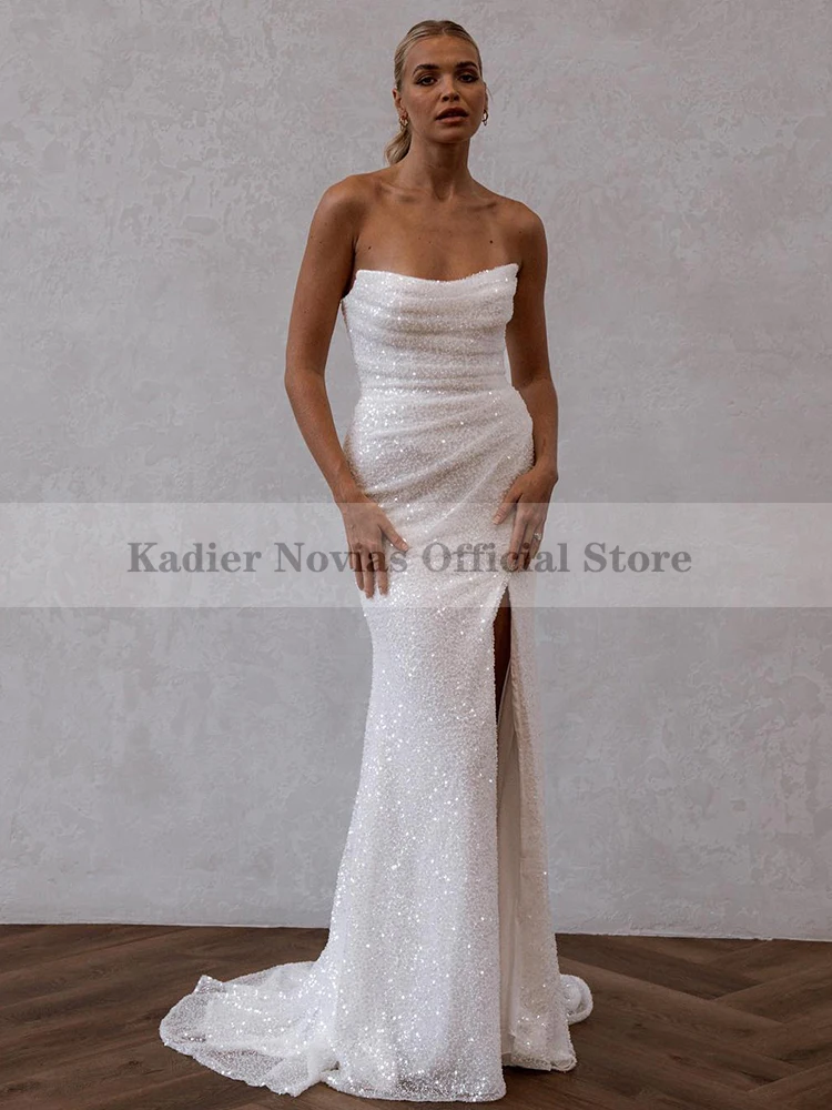 

Long Luxury Mermaid White Beads Wedding Dress 2023 with Slit Bride Dress Vestido De Novia 2022 Boda Elegante