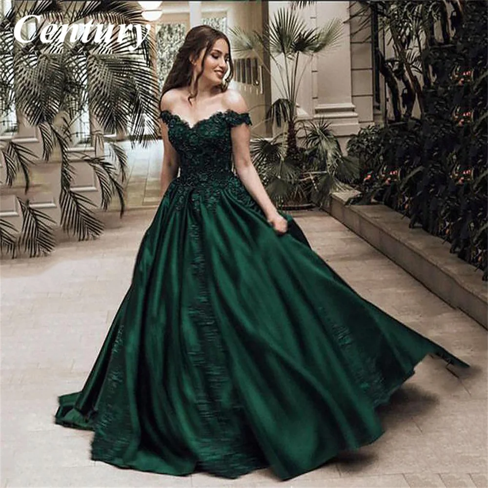 Elegant Dark Green Prom Dresses 2019 Ball Gown Off-The-Shoulder Appliques  Lace Short Sleeve Backless Floor-Length / Long Formal Dresses