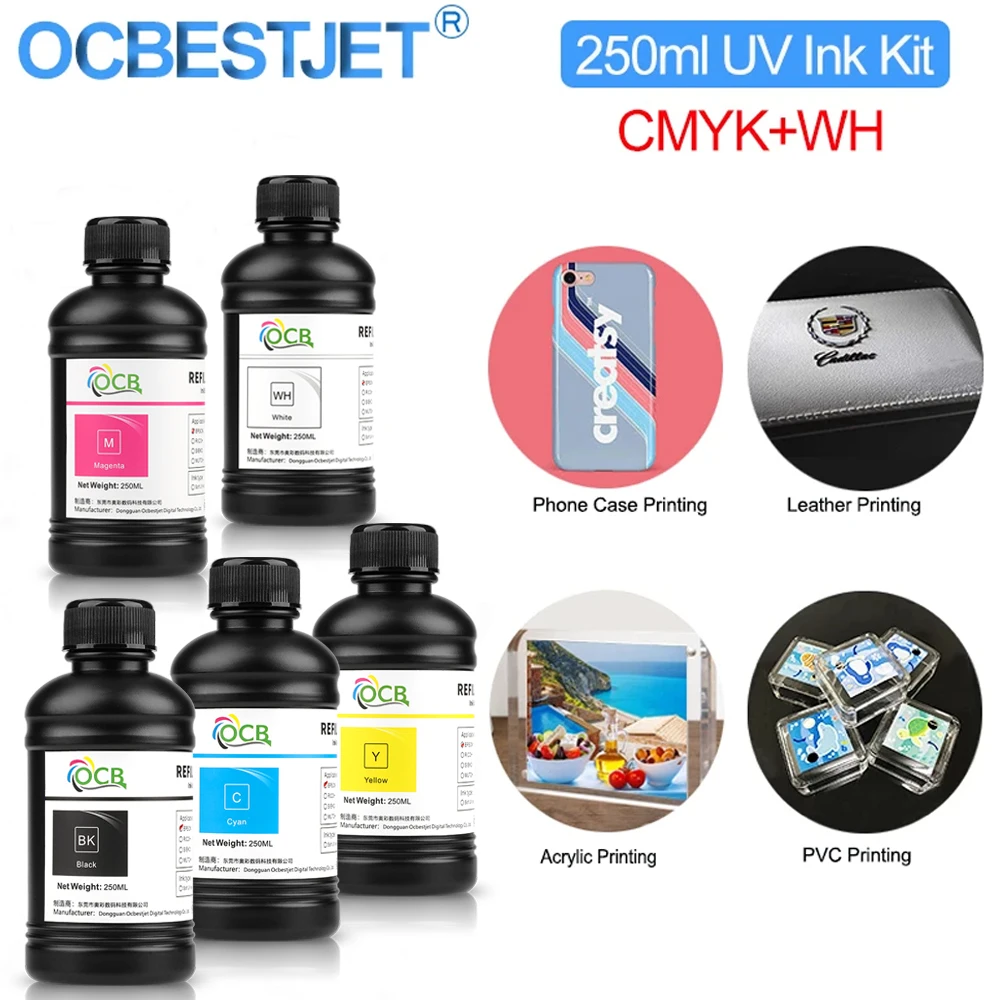 250ML*5 LED UV Curing Ink for Epson 1390 L800 1400 1410 1430 1500W R290 R330 L805 L1800 Printer UV Ink for All Printer inkjet printer ink