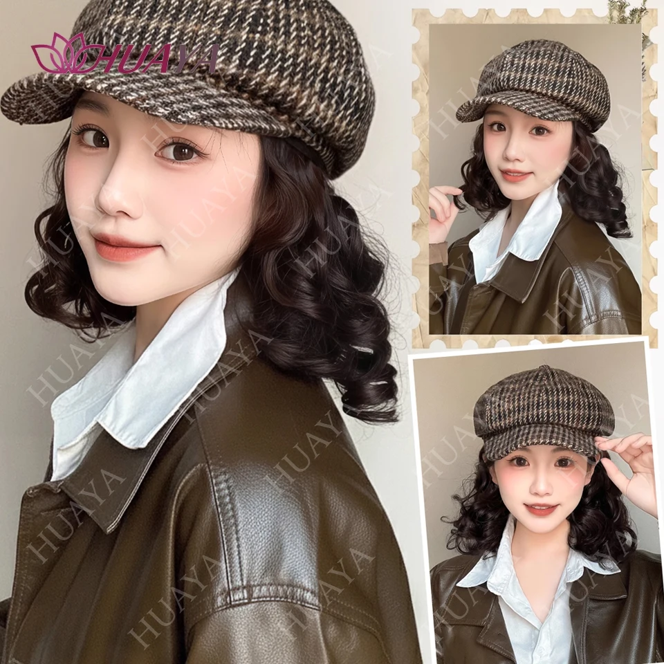 Synthetic Short Curly Wave Hat Wig for Women Fashion Beret Hair Extensions Autumn Winter Women Hat Wig Accessories