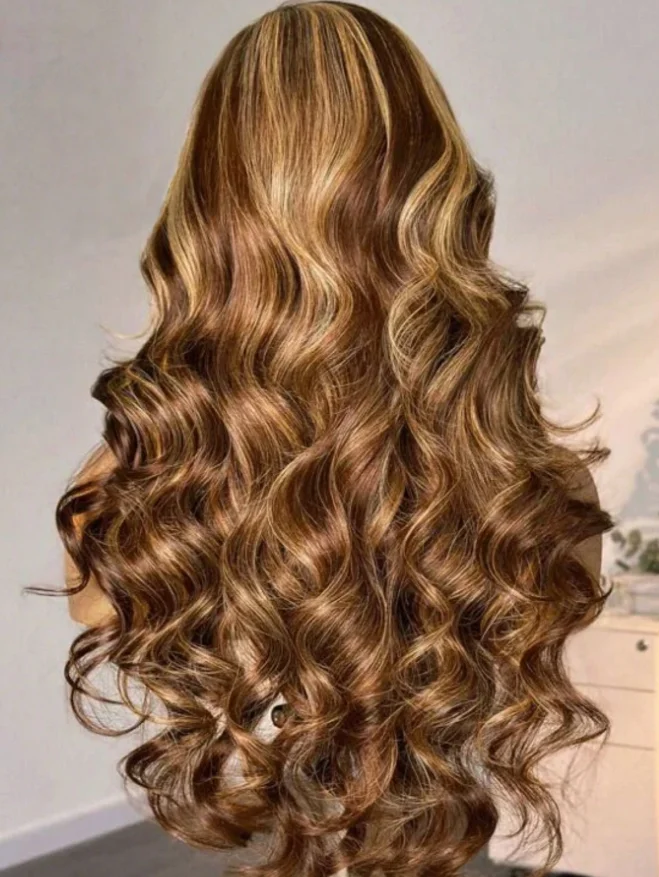 34 Inch13x4 Honey Blonde Ombre Lace Front Wigs Human Hair Pre Plucked 200 Density 4/27 Highlight Colored Body Wave Frontal Wigs 3