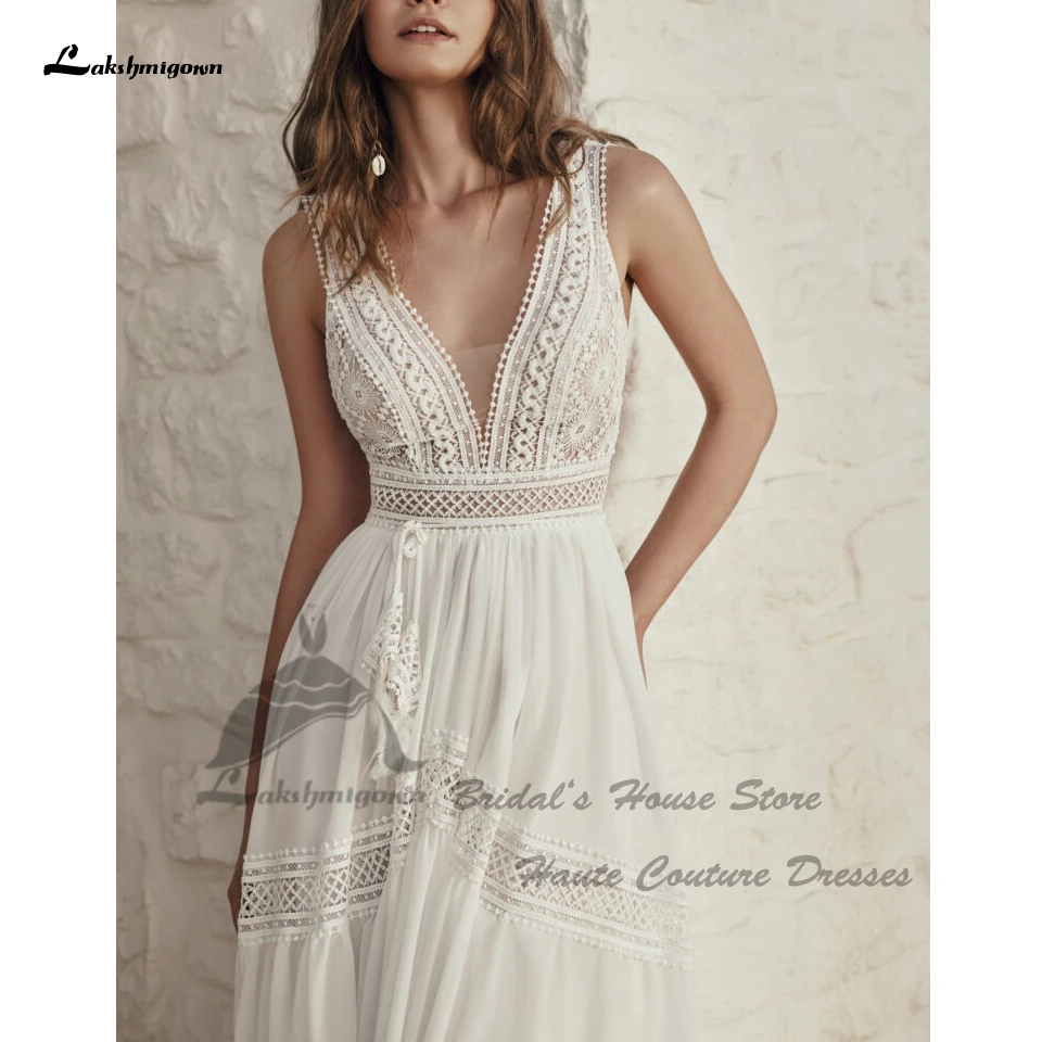 Lakshmigown Sexy Women Boho Wedding Dresses Vestidos Civil V Neck Chiffon Long Beach Bridal Gowns Backless