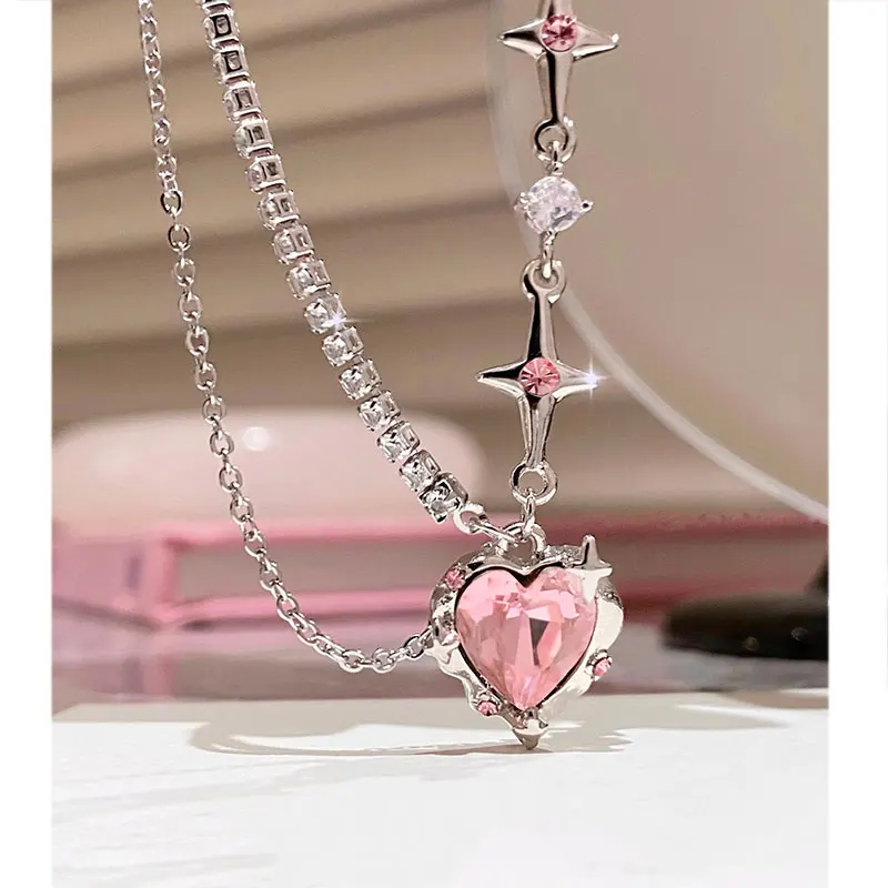 Sweet Pink Love Resin Zircon Star Metal Chain Heart Pendant