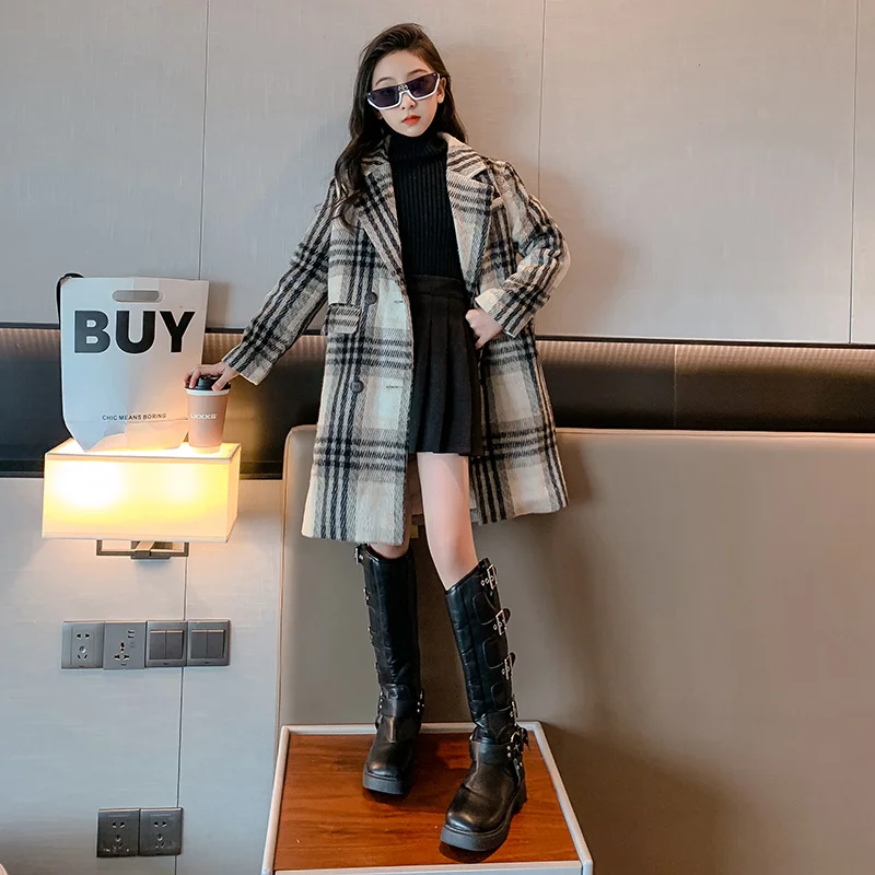 

4 6 8 10 12 Years Children's Trench Khaki Outerwear Winter Girls Thicken Plaid Jackets Woolen Long Parka Teenager Warm Coat