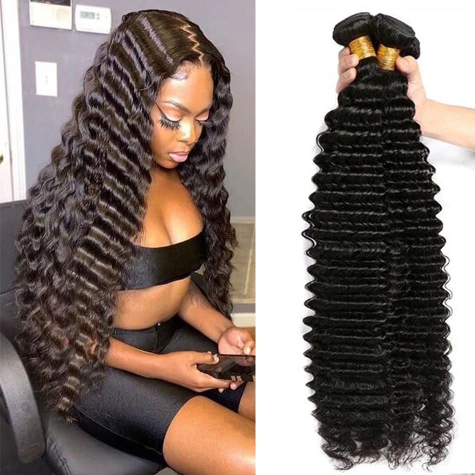 

32 Inch Natural Color Deep Wave Bundles Human Hair Extensions For Women Brazilian Human Hair Curly Bundles on Sale Clearance