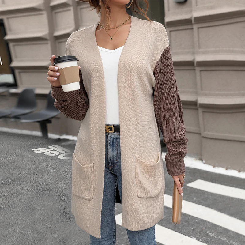 Cardigan Lavorato A Maglia Tascabile 2024 Autunno Nuove Donne Indossano Cappotto Maglione A Blocchi Di Colore Europeo E Americano