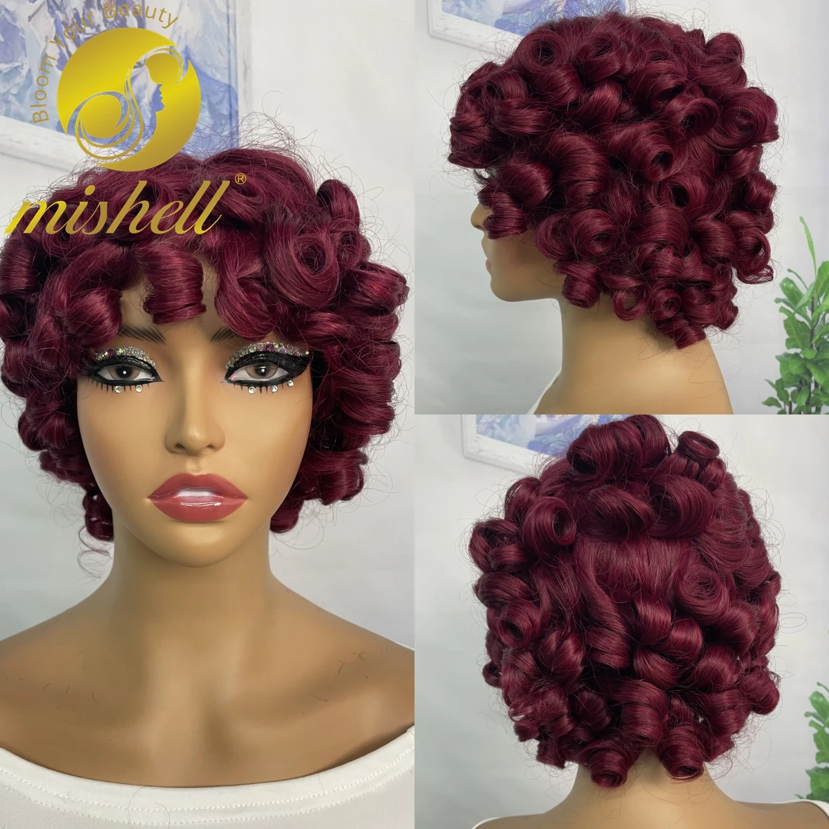 

200% 99J Burgundy Bouncy Curly Human Hair Wigs with Bangs Afro Kinky Curly Full Machine Made Wigs Brazilian Remy for Black Women