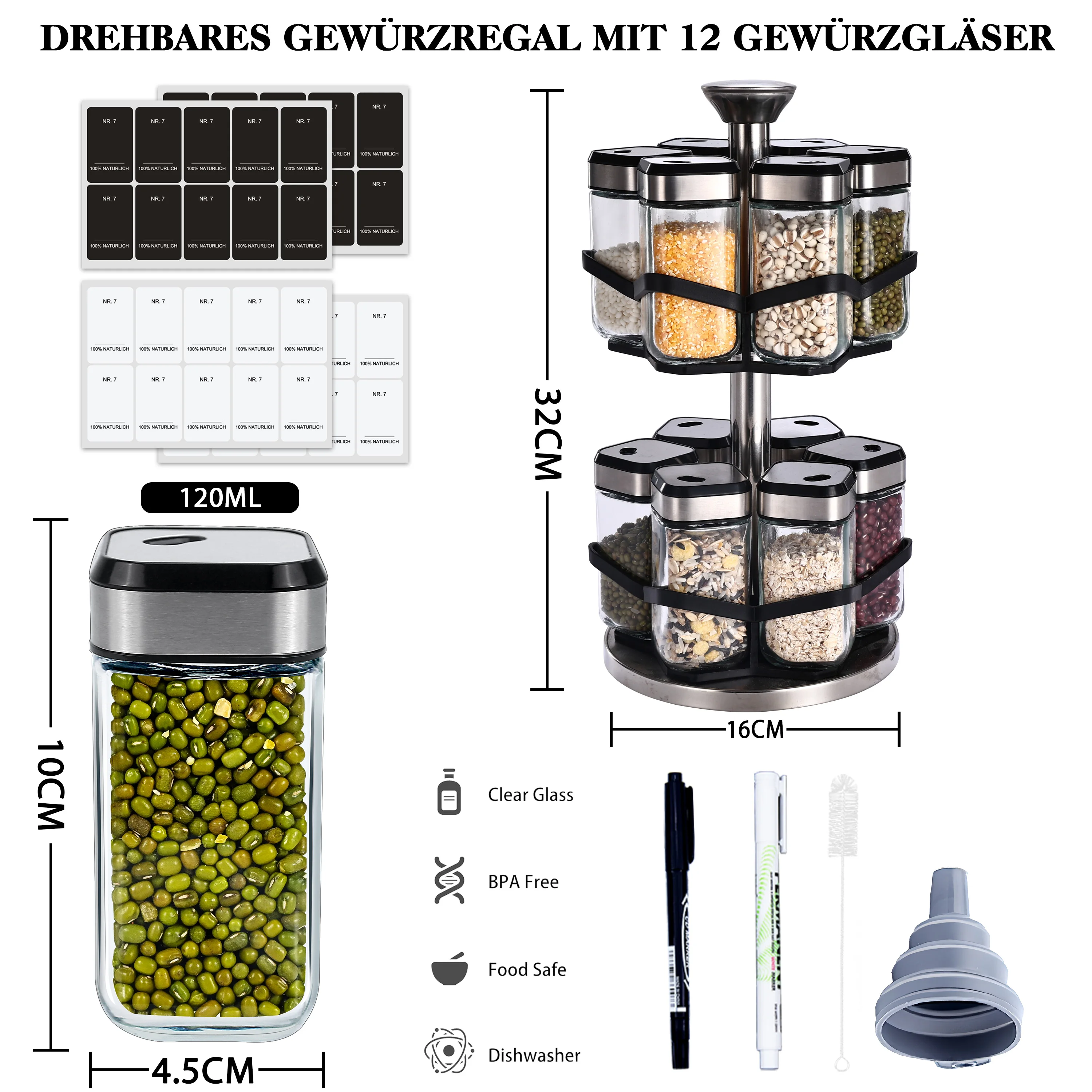 SAEIV Two-tier condiment rack with twelve 120ml condiment jars, featuring a 360° rotating condiment turntable for kitchen storage. – Detail 2
