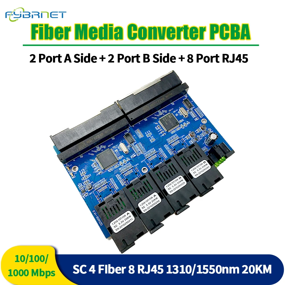 10/100/1000Mbps Single Mode Fiber Switch Optical Media Converter PCBA 4 Fiber Port 8 RJ45 Port 20KM SC Fast Ethernet Simplex