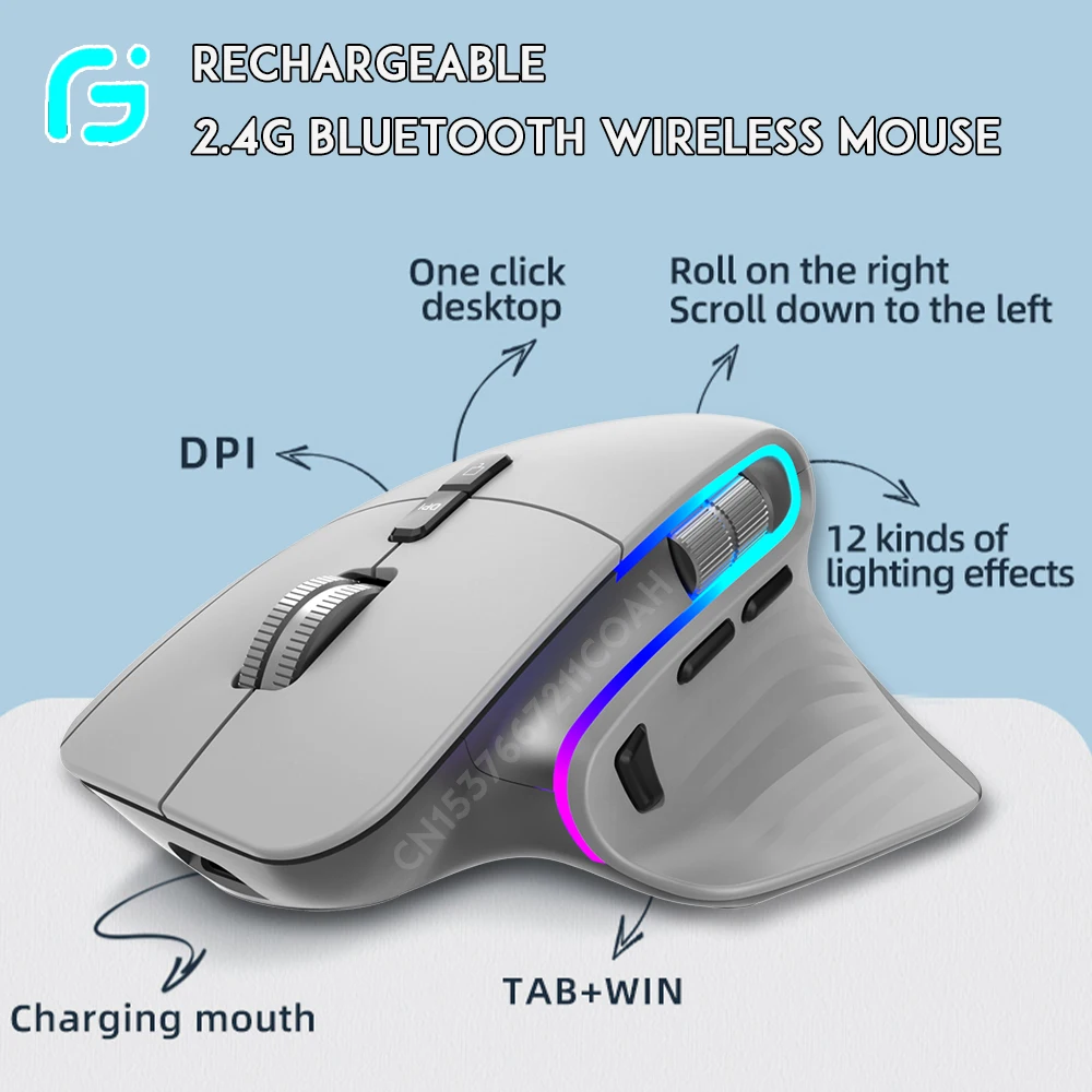 Rato Ergonômico sem Fio Recarregável 2.4g do Negócio 2.4g do Escritório do Rato de Bluetooth para o Computador Portátil - Imagem 3