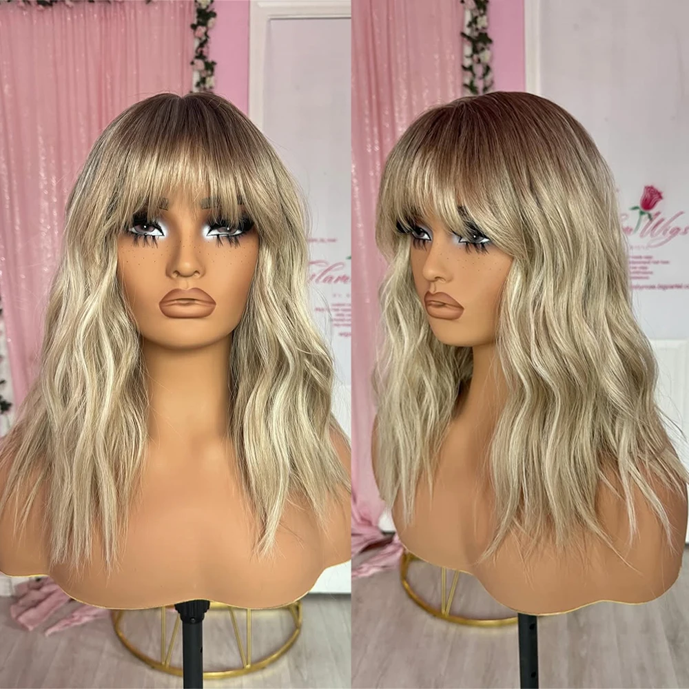 18" Blonde Wig with Full Fringe Bangs Balayage Virgin Human Hair Lace Front Wig 150 Density HD Invisible Lace MultiPart
