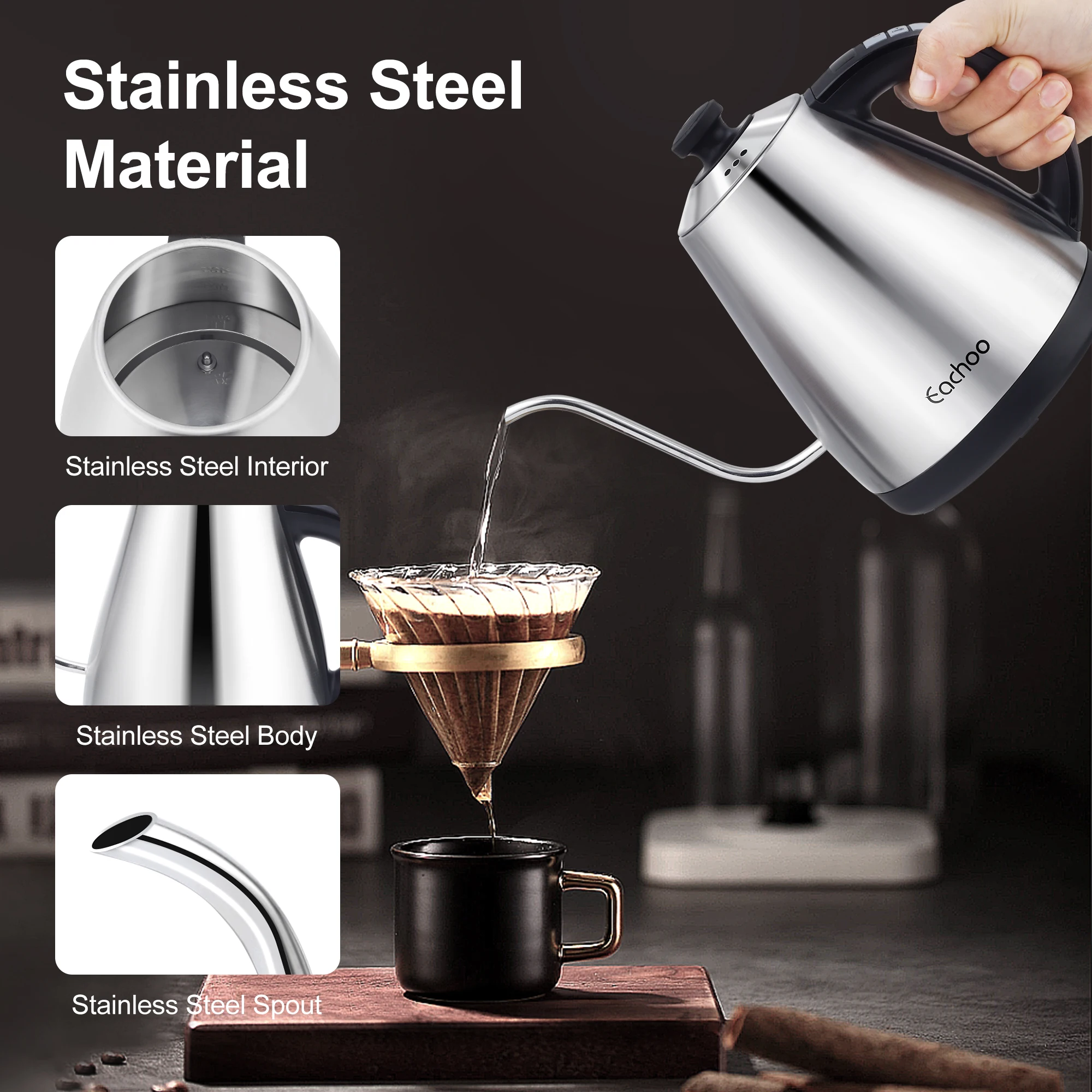 Stainless Steel Electric Gooseneck Kettle with Coffee Dripper, Pour Over Coffee Kettle with Temperature Control, LED Display 4