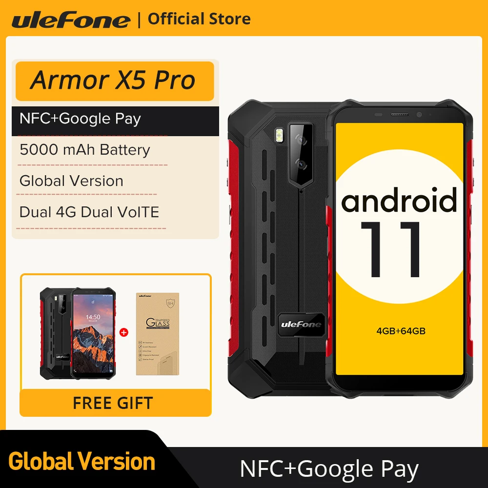 Ulefone Armor X5 Pro Rugged Waterproof Smartphone 4GB+64GB Android 11 Cell Phone NFC 4G LTE Mobile Phone ulefone armor x3 rugged smartphone ip68 ip69k android 9 0 5 5 18 9 2gb 32gb 5000mah face unlock rugged cell phone mobile phone
