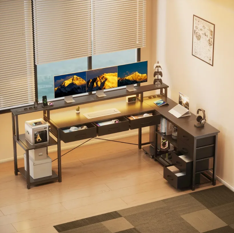 Biurko komputerowe, narożne biurko z szufladami, gniazdkami i portami USB, uchwytem na monitor i oświetleniem LED z EU za $132.65 / ~515zł
