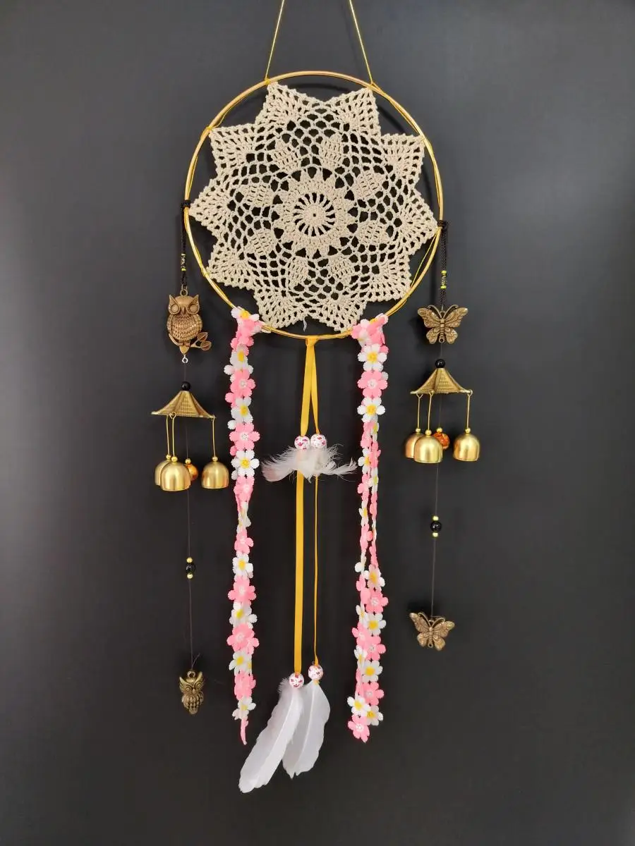 

Butterfly Owl Windchimes Vintage Wind Chimes Handmade Lace Flower Dream Catcher Metal Hoop Beige Web Dreamcatchers Gift For Kids