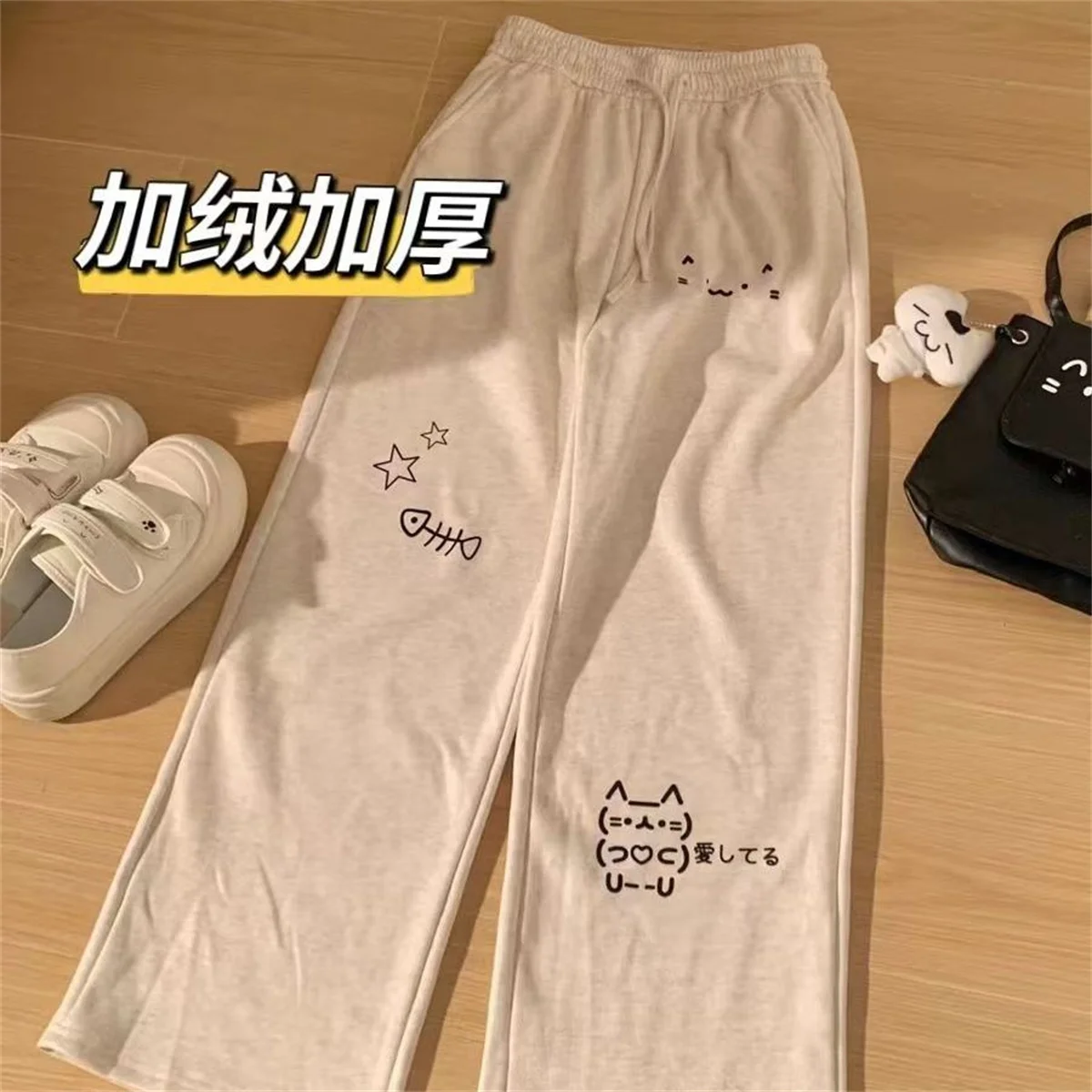 Japanese Wide Leg Cargo Pants Women Cartoon Print Preppy Style Pantalones Mujer Y2k Aesthetic Grunge Pocket Joggers Sweatpants