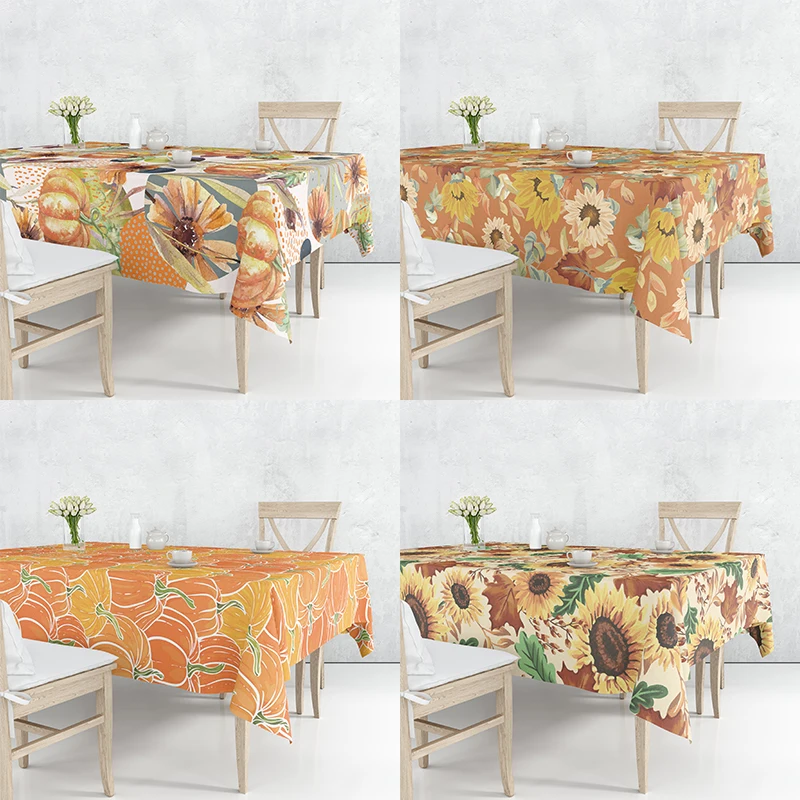 

Happy Thanksgiving Fall Sunflowers Maple Leaves Flax Tablecloth Table Dustproof Cover Heat Resistant Decor Multiple Sizes