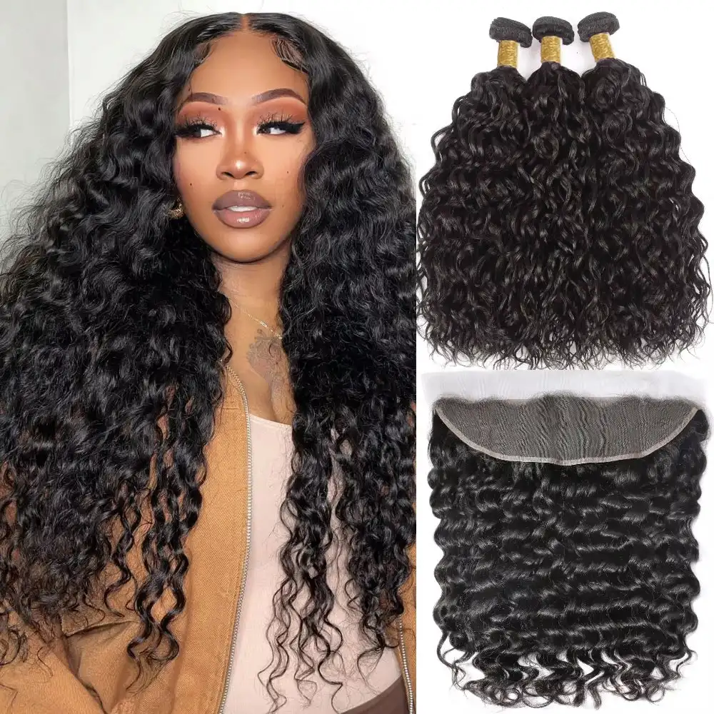 3/4 Pcs Bundles with Frontal Brazilian 100% Hair Weaving Deep Wave Human Hair Bundles with 13x4 Lace Frontal Curly Hair Bundles