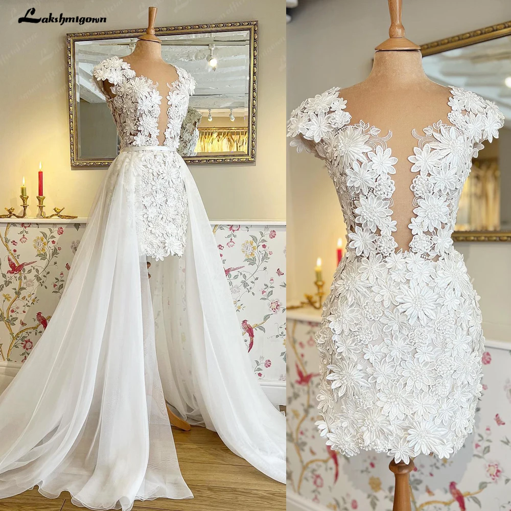 

Lakshmigown Элегантные короткие свадебные платья цвета слоновой кости со съемным шлейфом, фатиновая Свадебная юбка