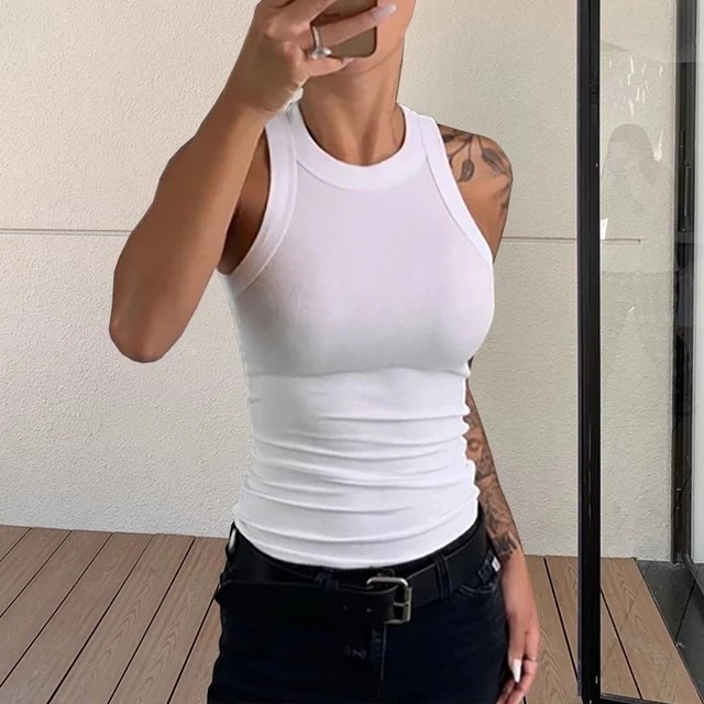 Solid Basic Tank Soft Top For Women Summer Outfits Tight Sexy Round Neck Tank Top Knitted Bottom Shirt Sleeveless Top Outerwear