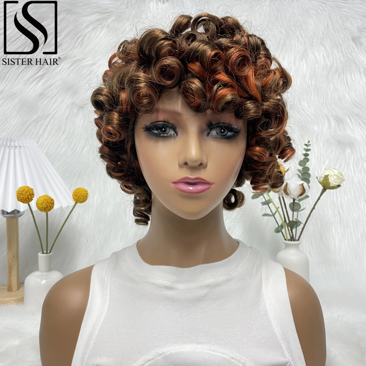 

Human Hair Wig With Bangs 4/350 Colored Bouncy Curly 200% Density Short Afro Kinky Curly Full Machine Made Wigs for Black Women