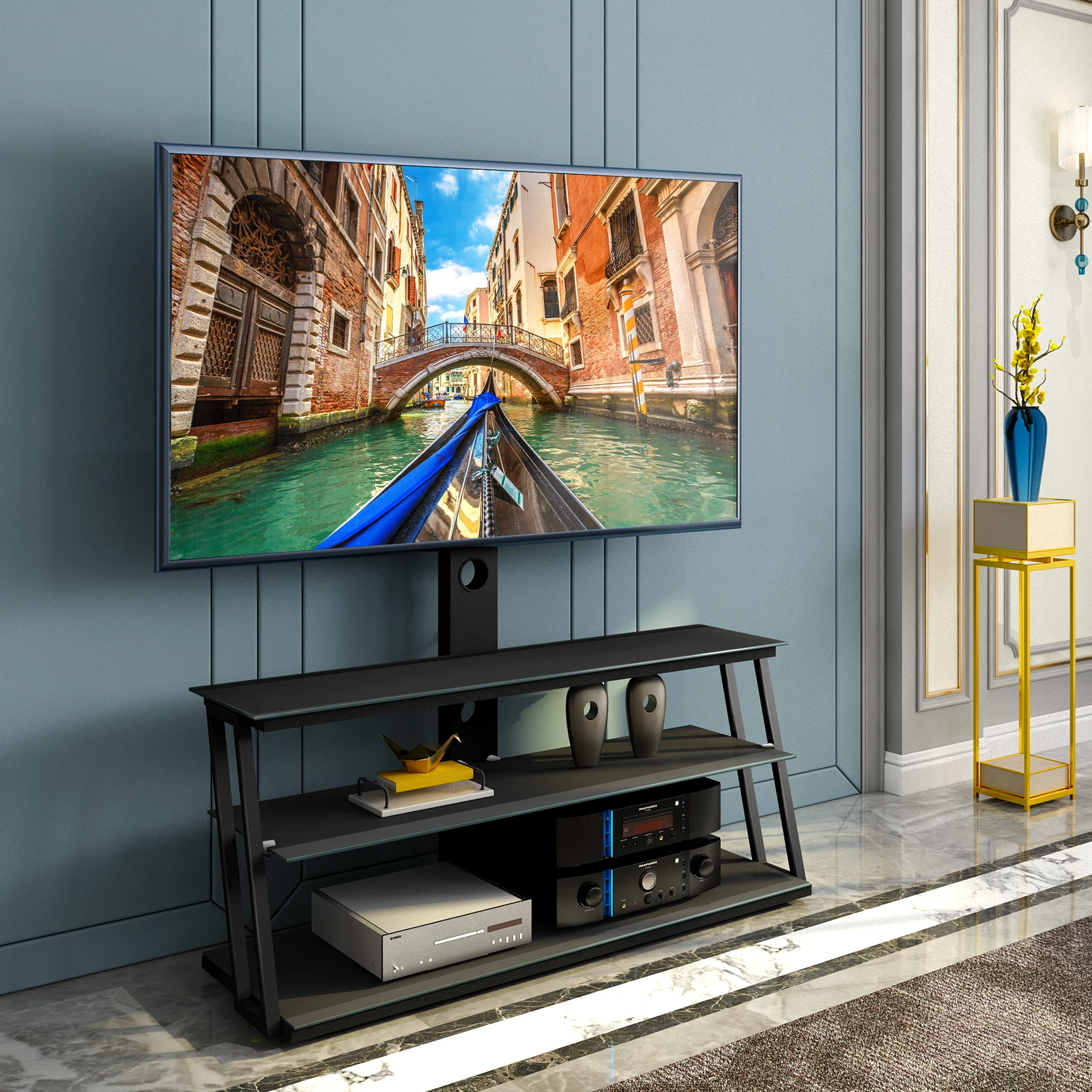 

[Flash Sale]Multi-Function Tempered Glass TV Stand Angle And Height Adjustable 3-Layer Open Shelf Black [US-W]
