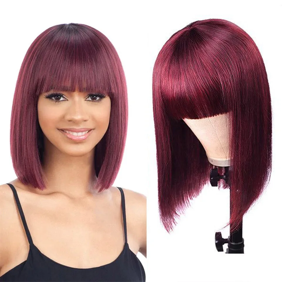 DQ Straight Short Cut Bob Wig with Bangs Synthetic Hair Wig For Women 99J Burguncy Colored Red Wig Halloween Cosplay Party Wig