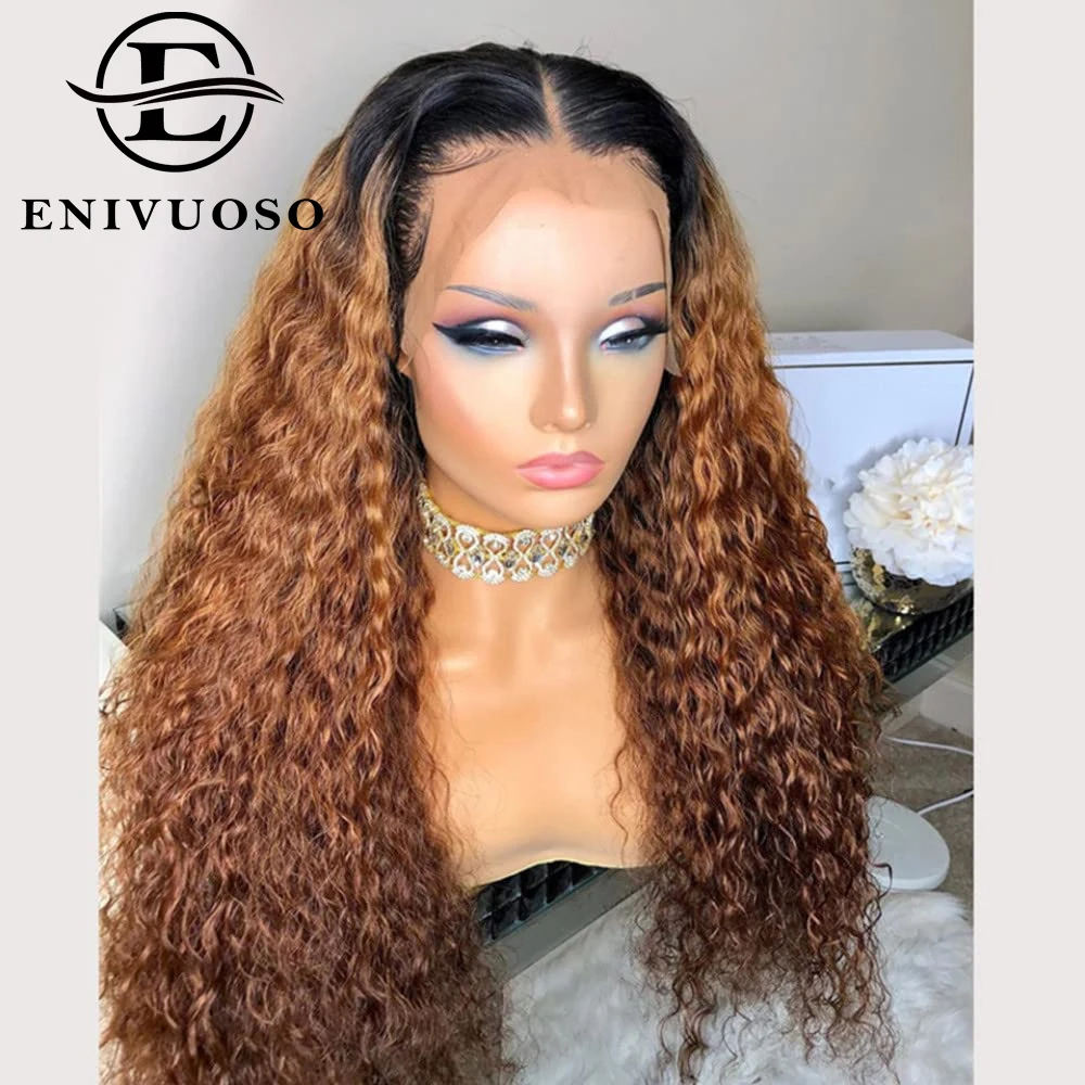 

Ombre Brown Water Wave Synthetic Lace Front Wig Dark Black Root Honey Blonde Kinky Curly Wig Pre Plucked Baby hair For Women