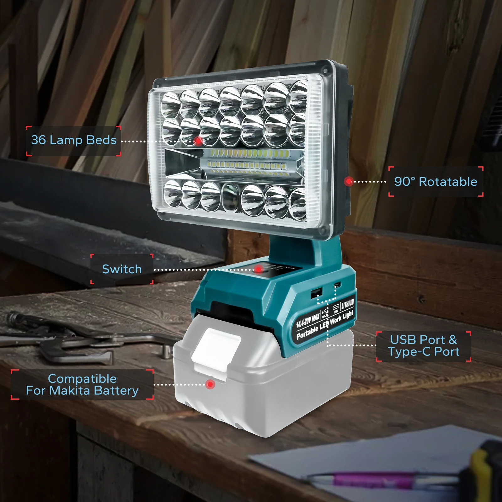 LED Work Light For Makita 18V Battery 28W 2000LM Portable Spotlight Outdoor Emer