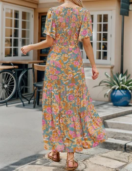 Casual Pastoral Style Floral Print Dress Long, Crewneck Short Sleeves High Waist Wide Ruffle Hem, Woman's Clothing 2