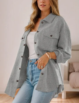 Women's Jacket with Pockets Casual Fall East Season Long Sleeve Flannel Shirt Button Collar Coat 3