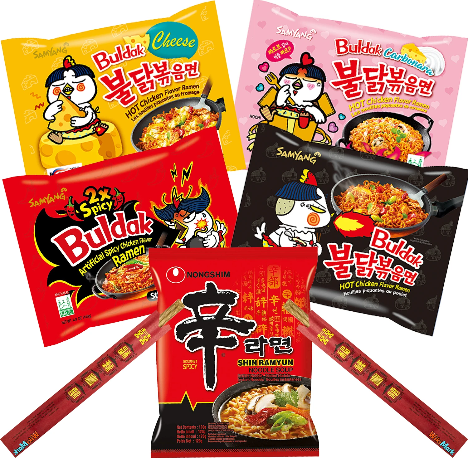 Surtido de 5 ramen Sabores Variados y 2 palillos de bambú WikiMark. Incluye, Samyang Cheese, Nongshim Shin Ramyun Noodle Soup, Samyang Hot Chicken,