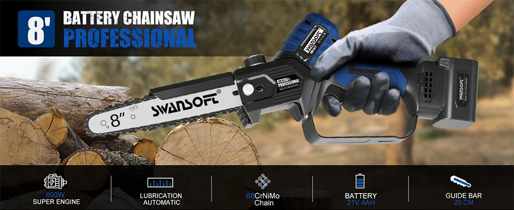 Electric Mini Chainsaw 6-Inch Cordless Woodworking Handheld Garden Electric Saw Cutting Power Tool Fit SWANSOFT 21V Battery