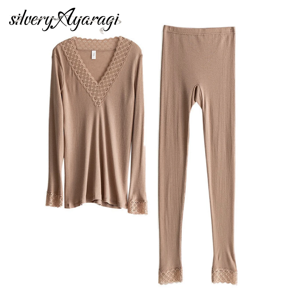 silvery Ayaragi Women Autumn Winter Wool Long Johns 82%Wool 18%Silk Lace V neck Solid Knitted Thermal Underwear Khaki Pink