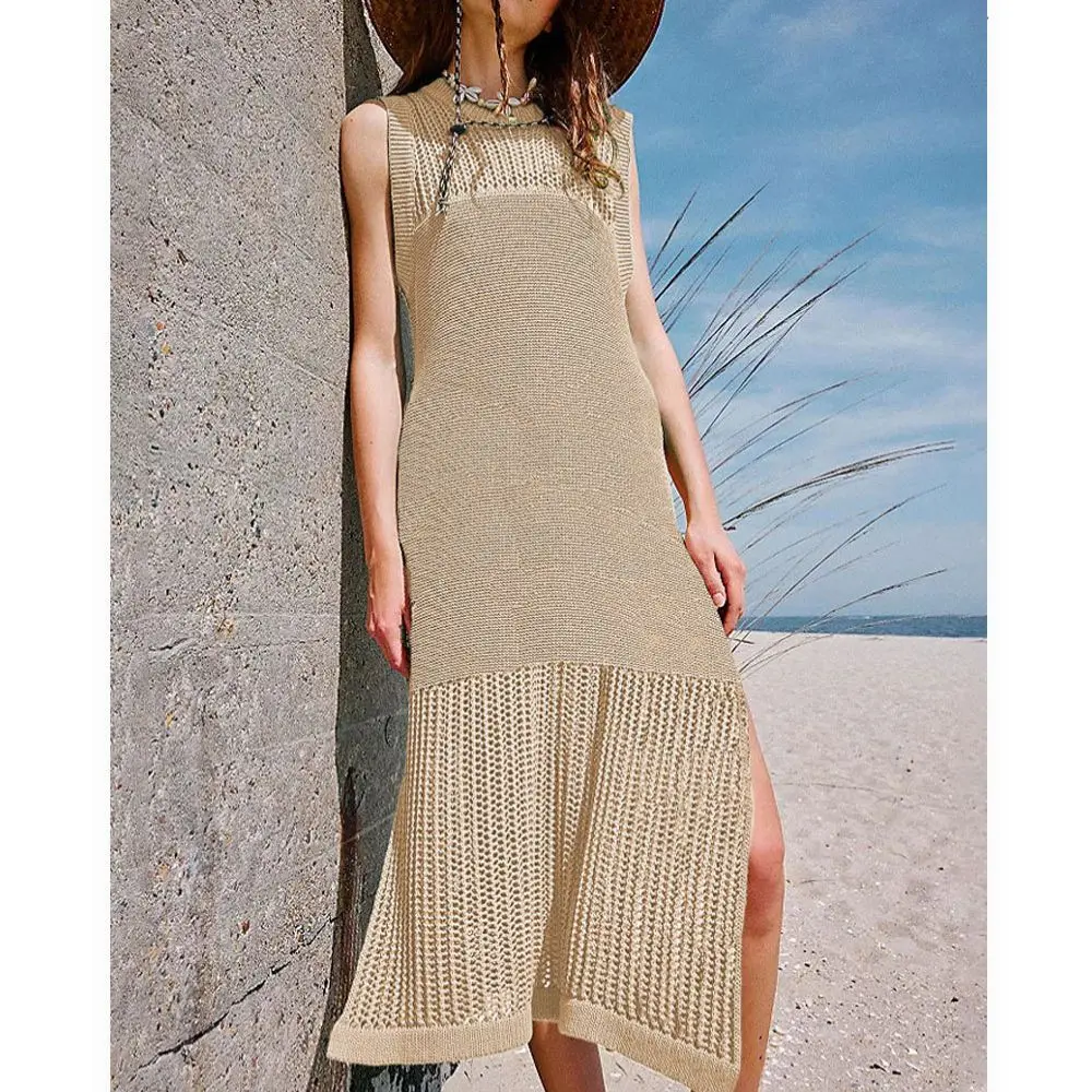 Women Sexy Crochet Swimsuit Cover Ups Sleeveless Hollow Out Long Swim Coverup 2024 Split Mesh Solid Color Beach Dress