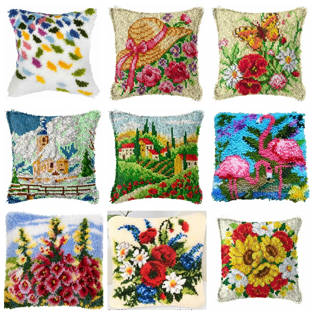 

Latch Hook Kits Embroidery Cushion Pillowcase Knot Pillow Package Latch Hook Kit Pastoral Scenery Flower Plant Butterfly Pattern