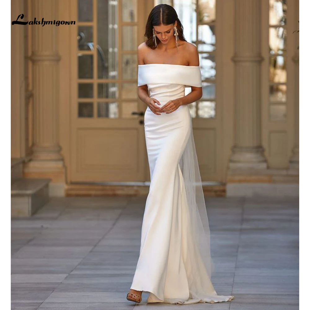 

Elegant Off Shoulder Backless Mermaid Wedding Dress For Women Simple Crepe Sweep Train Minimalism Bridal Gown vestidos de novia