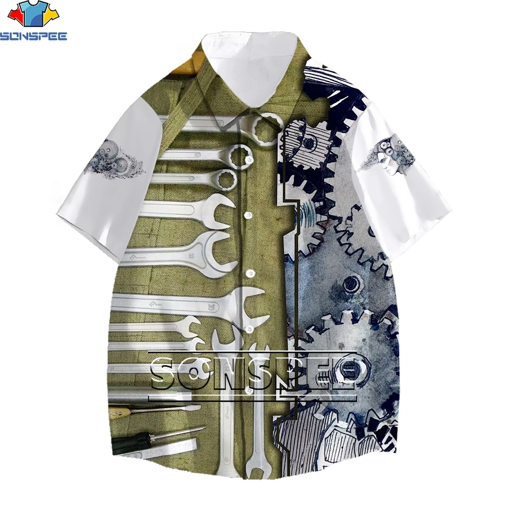 SONSPEE Wrench Gear Toolbox Printing Worker Hawaii Beach Shirt Men's 3D Summer Short Sleeve Shirts Men's Tropical Clothing Tops