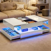 Table basse haute brillance avec LED, table de salon rectangulaire moderne avec 2 tiroirs, table à café avec rangement, coffee table pour salonn, chambre à coucher, blanc/noir 1