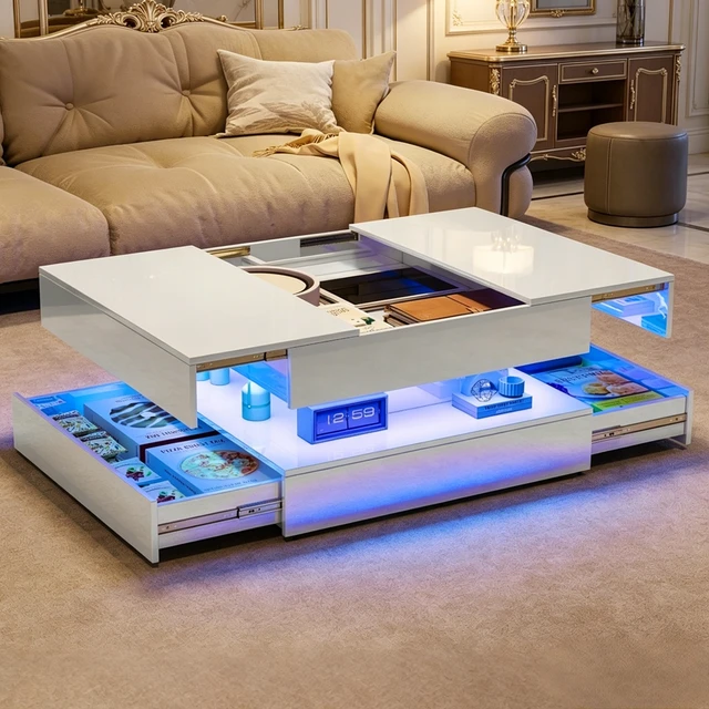 Table basse haute brillance avec LED, table de salon rectangulaire moderne avec 2 tiroirs, table à café avec rangement, coffee table pour salonn, chambre à coucher, blanc/noir 1