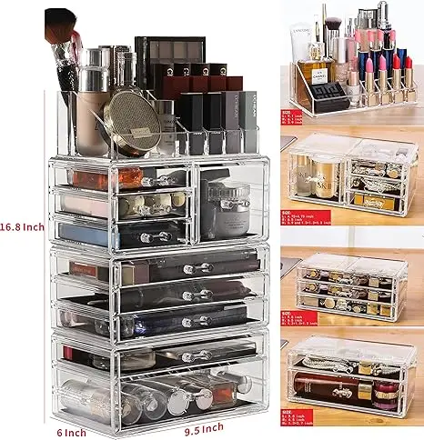 "4-pack clear stackable makeup organizers – 9-drawer vanity storage for jewelry & beauty products" 6