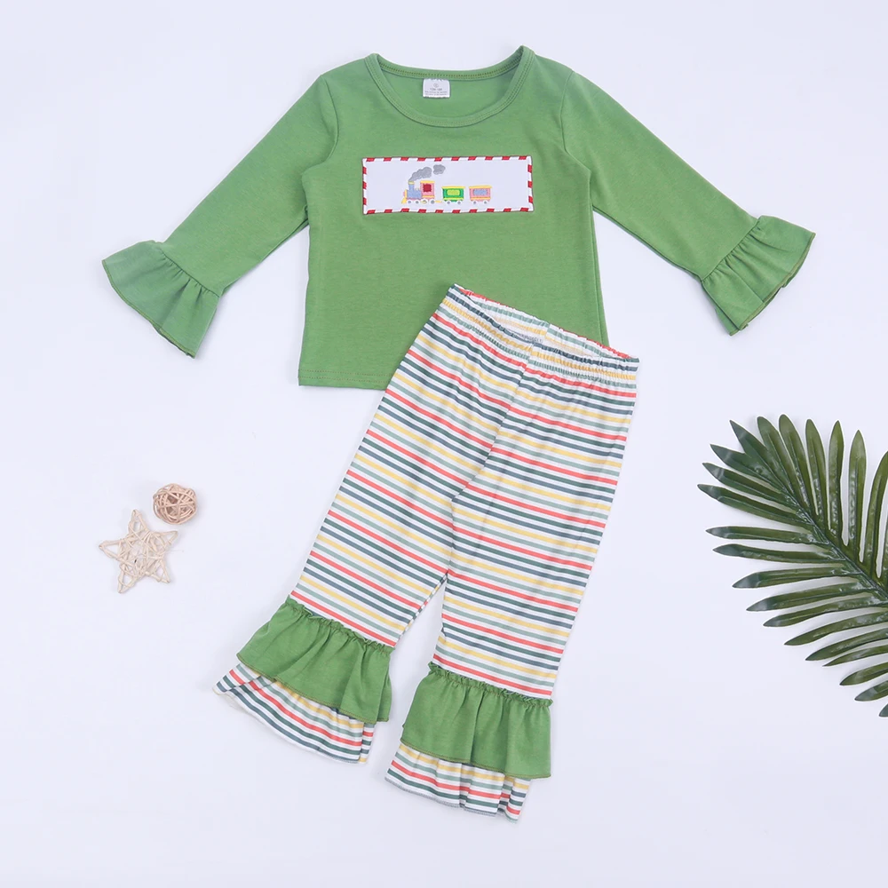 2022 Toddler Green Outfits Baby Girls Clothes Set Train Embroidery