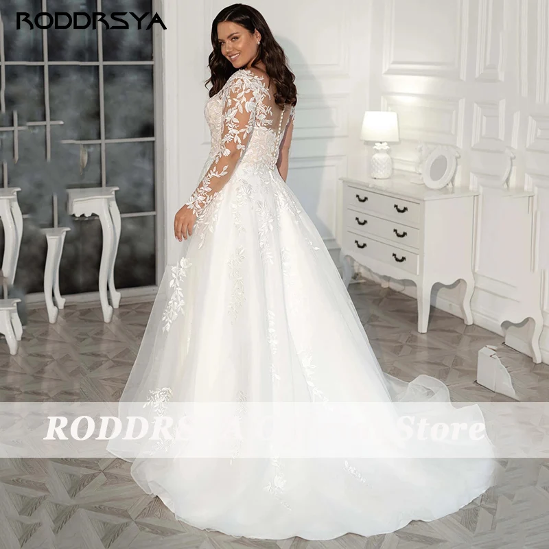 RODDRSYA Plus Size Wedding Dress Elegant Long Sleeves Lace Bride Dress 2023 Tulle Applique Sweep Train A-Line robe de mariée