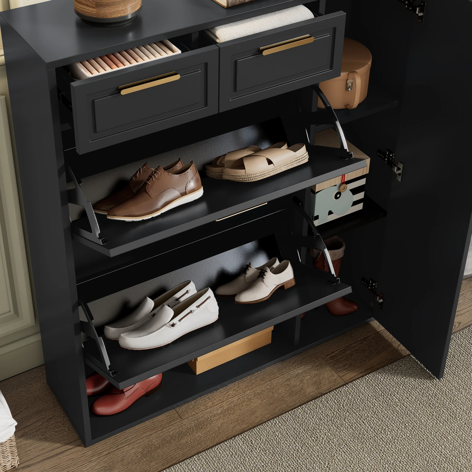 Rosahqnda Moderner Schuhschrank mit Regalen, goldenen Griffen, Schubladen, mit Anti-Kipp-Geräteschrank, klappbarer Schuhschrank und Türen – Detail 16